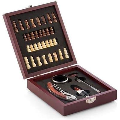 Coffret Sommelier bois : jeu d'échecs et ensemble 4 accessoires vin