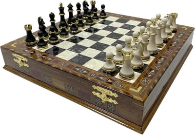 Luxe Houten Schaakset 16,5 Inch - Inclusief 2 Extra Koninginnen - Mozaïek Details Bord