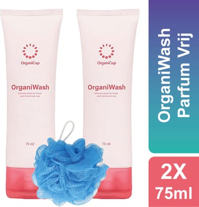 Intieme Wasemulsie - Intieme Verzorging - Organicup OrganiWash - Inclusief Douche Puff - Voordeelverpakking - 2 x 75ml - 2 in 1 Reiniging - Intieme Hygiene - Intieme Wasgel - PH- Neutraal