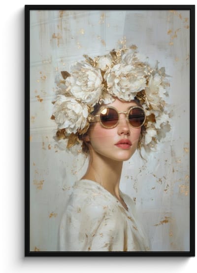 Poster in lijst - Fotolijst 80x120 cm - Posters - Schilderij - Vrouw - Zonnebril - Bloemenkrans - Posterlijst zwart - Decoratie - Wanddecoratie woonkamer - Muurdecoratie slaapkamer