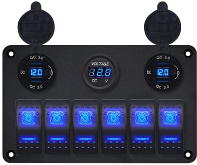 ProRide Schakelpaneel 12V voor Auto/Boot - USB Lader 4 Poorten met Voltmeter - QC3.0 - DS2120B - 6 Schakelaars