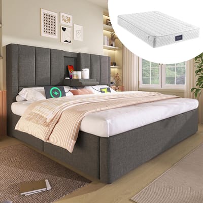 BLACKCOLORS Gestoffeerd bed 140 x 200 cm, tweepersoonsbed met verborgen bekerhouder en oplaadstation, hydraulisch bed met opbergruimte onder het bed, lattenbodem inbegrepen, grijs linnen (met matras)