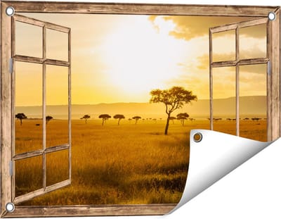 Gards Tuinposter Doorkijk Zonsondergang in de Savanne - 60x40 cm - Tuindoek - Tuindecoratie - Wanddecoratie buiten - Tuinschilderij