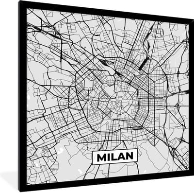 Fotolijst incl. Poster Zwart Wit- Milaan - Stadskaart - Zwart Wit - Plattegrond - Kaart - 40x40 cm - Posterlijst