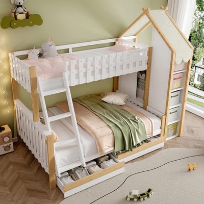 Pugsdrly Stapelbed, 90 x 200 cm + 140 x 200 cm, veiligheidshek, leuning, ladder, 2 lades, onregelmatig hek, zonder matras, wit + naturel