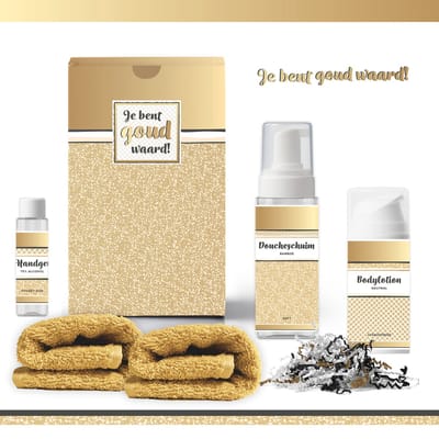 Geschenkset “Je bent goud waard!” - 5 producten - 400 gram - Triomf Cosmetica | Cadeau Vrouw Wellness Pakket Vrouw Giftset Vriendin Moeder Cadeaupakket Collega Cadeau Zus Verjaardag Oma Moederdag Kerstpakket Kerst Cadeau Goud