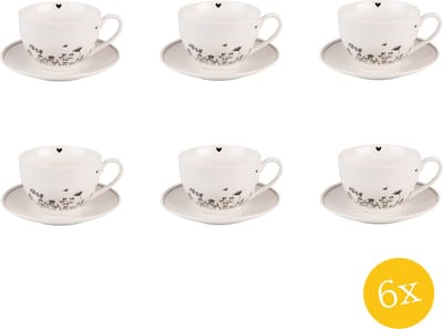 Clayre & Eef Kop en schotel set van 6 stuks schotel 200 ml Beige Zwart Porselein Bloemen Servies