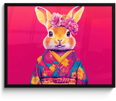 Poster in lijst - Fotolijst 70x50 cm - Posters - Konijn - Bloemen - Kleurrijk - Kimono - Posterlijst zwart - Decoratie - Wanddecoratie woonkamer - Muurdecoratie slaapkamer