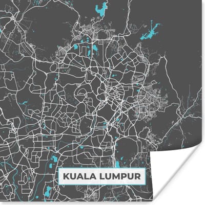 Poster Kuala Lumpur - Stadskaart - Plattegrond - Blauw - Kaart - 100x100 cm XXL