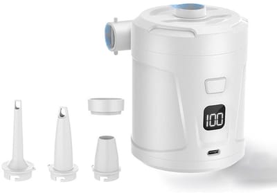 Luchtpomp-Luchtcompressor - Elektrische luchtpomp - Zwembadpomp-Draagbaar- Met LED-batterij-indicator-5200 mAh - 40 0 l/min-Oplaadbare accu - Met 4 spuitmonden - Snelpomp voor boot/luchtbed - wit
