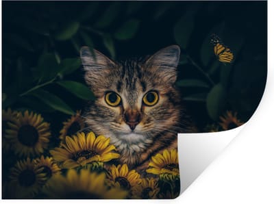 Muurstickers - Sticker Folie - Kat - Geel - Bloemen - Botanisch - 40x30 cm - Plakfolie - Muurstickers Kinderkamer - Zelfklevend Behang - Zelfklevend behangpapier - Stickerfolie