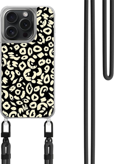 Hoesje met koord geschikt voor iPhone 14 Pro - Animal skin - Inclusief zwart koord - Crossbody beschermhoes - Transparant, Zwart - Mooie Telefoonhoesjes