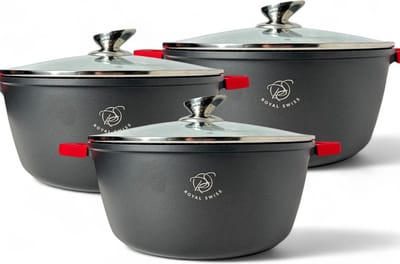 Royal Swiss® Pannenset Inductie 6-Delig – XXL Bakpan & Grote Soeppan – Ø 36/40/44 cm – Antiaanbak – Ovenbestendig – Zwart