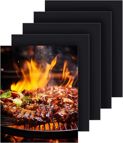 5 matten - BBQ-matten - BBQ-accessoires - Herbruikbaar - Geschikt voor gasbarbecues, houtskoolbarbecues en ovens - Hittebestendig tot 260 °C - Op maat te snijden - Zwart - Afmeting 50 x 40 cm