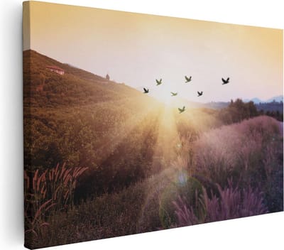 Artaza Canvas Schilderij Zonsondergang Landschap - 30x20 cm - Klein - Wanddecoratie Vogels - Muurdecoratie Natuur - Kamer Accessoires