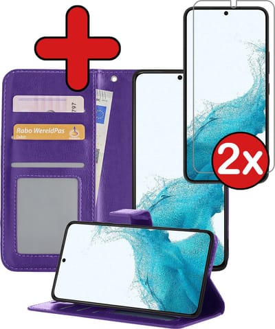 Hoesje - Met 2x Screenprotector - Geschikt voor Samsung Galaxy S22 - Luxe Pasjeshouder - Flip Case - Bookcase Portemonee - Kunstleer Book Case - Flipcase Hoes - Book Cover - Walletcase - Portemonneehoes - Telefoonhoes - Paars