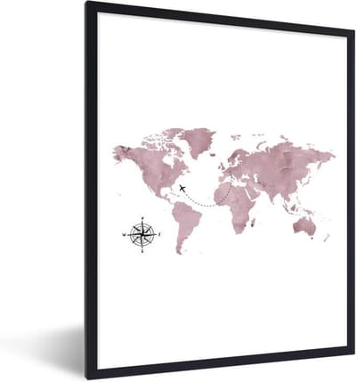 Poster in lijst - Fotolijst 30x40 cm - Posters - Wereldkaart - Roze - Reizen - Posterlijst zwart - Decoratie - Wanddecoratie woonkamer - Muurdecoratie slaapkamer