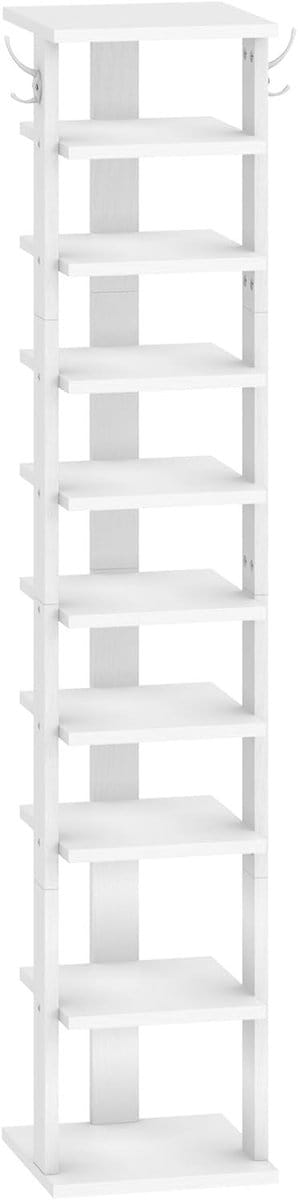 Freestanding Schoenenrek met 10 Niveaus, Ruimtebesparende Schoenopberger met Haken voor Hal en Slaapkamer in Vintage Bruin en Wit