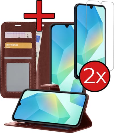 Hoesje - Met 2x Screenprotector - Geschikt voor Samsung Galaxy A16 - Luxe Pasjeshouder - Flip Case - Bookcase Portemonee - Kunstleer Book Case - Flipcase Hoes - Book Cover - Walletcase - Portemonneehoes - Telefoonhoes - Bruin