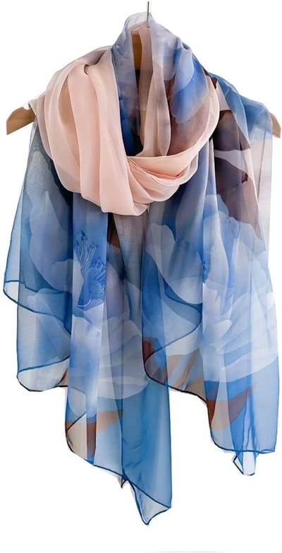 Sjaal Dames – Zijdezacht – Omslagdoek – Bloemen – Blauw
