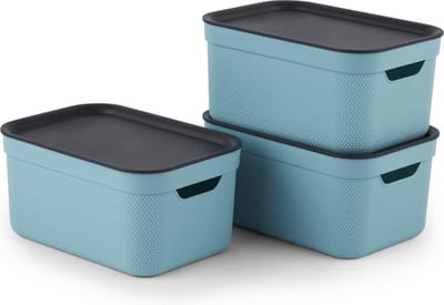 Rotho Jive opbergboxen set van 3 opbergdozen 5 l met deksel, kunststof (PP recycled), turquoise/antraciet, 3x5l (26,5 x 18,5 x 20,0 cm)