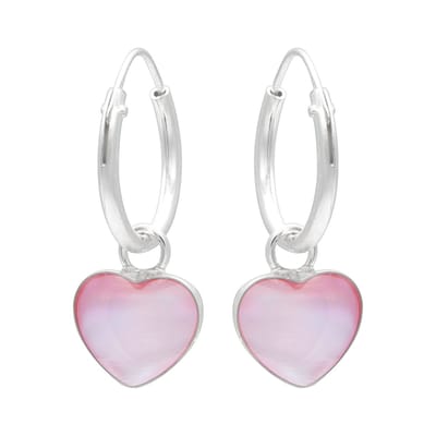 WeLoveSilver - zilveren oorringen met hartvormige roze parelmoer hanger - 6 cm