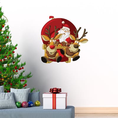 Kerststicker: De Kerstman die met zijn rendieren racet - Kerststickers - feestversiering - 100x90cm