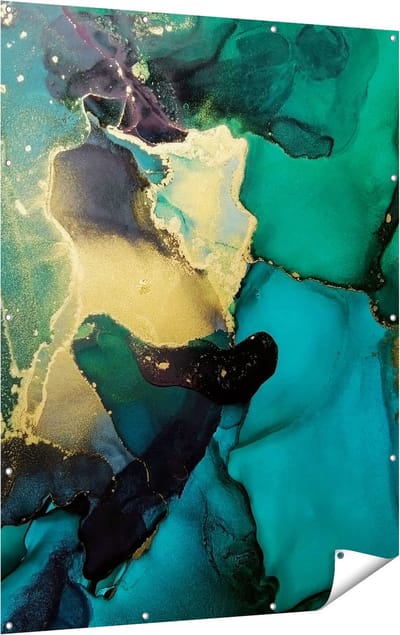 Gards Tuinposter Abstracte Kunst - Groen met Goud - 120x160 cm - Tuindoek - Tuindecoratie - Wanddecoratie buiten - Tuinschilderij