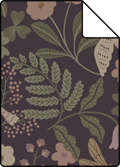 Proefstaal ESTAhome behang bloemen en vogels aubergine paars, olijfgroen en lila paars - 26.5 x 21 cm - 139871-S