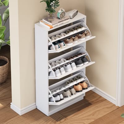 MODENUIT Schoenenkast - Smal Met 3 Kleppen En Ronde Spiegel - Voor Hal En Balkon - MDF Wit - 63x24x120 Cm