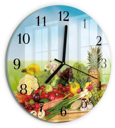 Tulup Wandklok - Groenten en fruit Klok Glas Met Opdruk - 30fi cm - Veelkleurig Moderne Wandklok Glas - Zwarte Handen - Ronde Wandklok - Moderne Wandklok Glas - Wandklok Glas Decoratie