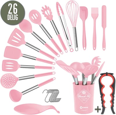 COOCK Siliconen Keukengerei Set met Houder XL - Kookgerei Set 27 delig - BPA-Vrij & Plastic Vrij - Ophangbaar - Incl. Opener - Roze