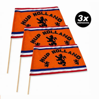 3 stuks - Zwaaivlag Hup Holland en Leeuw op houten stok - voordeelverpakking - WK voetbal 2026