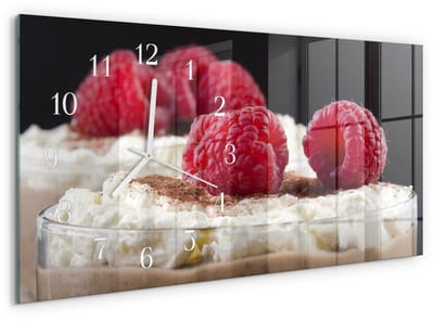 Tulup Wandklok - Frambozendessert Klok Glas Met Opdruk - 60x30 cm - Rood Moderne Wandklok Glas - Witte Handen - Rechthoekige Wandklok - Glazen Wandklok Design - Klok Glas Met Opdruk