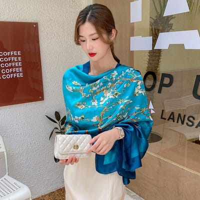 Écharpe en Soie Satinée Mode 180x90cm Châle Large de Luxe pour Femmes Hijab Musulman Bandeau Stoles de Plage Foulard Bandana Turban Féminin One Size blue