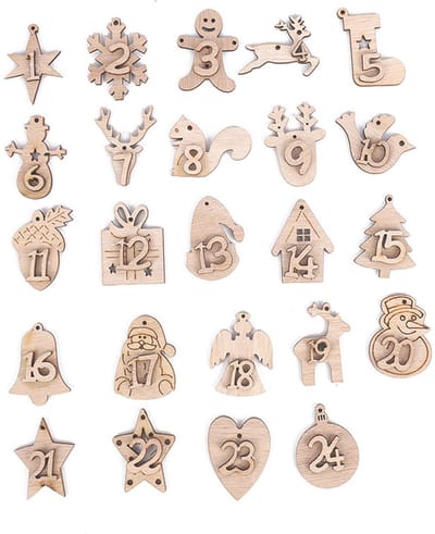 QTTVBTNA -Houten Adventskalender Cijfers – 24 Stuks met Kerstvormen en Jute Touw