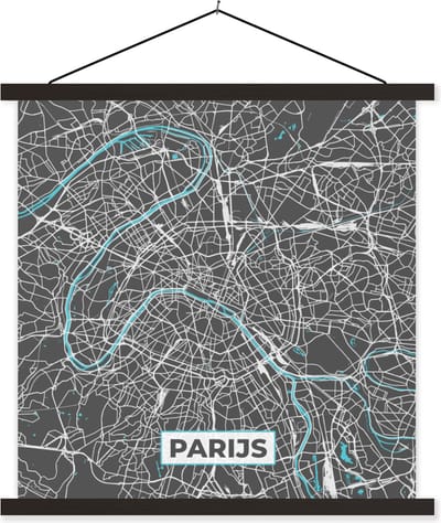 Posterhanger incl. Poster 60x60 cm - Schoolplaat - Parijs - Stadskaart - Blauw - Kaart - Plattegrond - Textielposter - Zwarte latten - Stadskaart