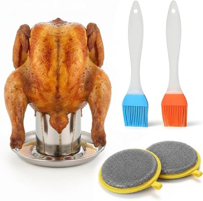 Verticale Kippenroosterhouder met Oliekwasten en Schoonmaakdoeken, Roestvrijstalen Grillstand voor Oven en Barbecue, Perfect voor Koken en Grillen
