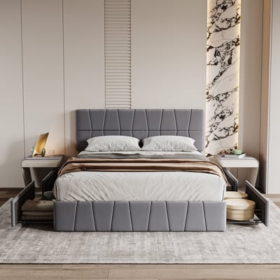 Fluwelen Opbergbed 160x200 Lichtgrijs met 4 Lades – Gestoffeerd Tweepersoonsbed met Opbergruimte – Modern Velvet Bedframe