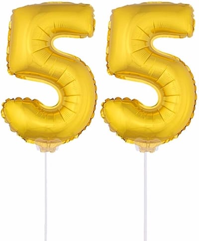 55 jaar leeftijd feestartikelen - versiering cijfers - ballonnen op stokje - van 41 cm - Combi van cijfer 55 - in het goud