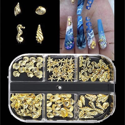 6 vakjes/doosje Schelp & Zeester Nagellak Decoraties, Creatieve Metalen Nagelsieraden DIY, Zomerse Nagelsieraden, Nagellak Benodigdheden goud