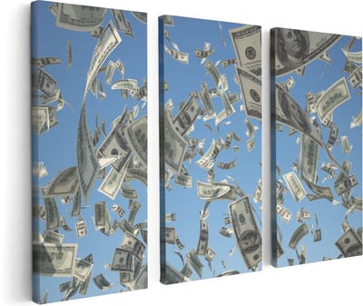 Artaza Canvas Schilderij Drieluik Dollarbiljetten in de Lucht - Geld - 120x80 cm - Wanddecoratie Woonkamer - Schilderijen - Muurdecoratie
