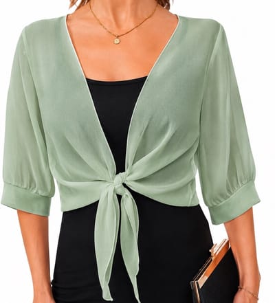 Dames Chiffon Bolero Vestje Groen Maat M (EU 38) – Elegante V-Hals Shawl Cardigan met Lace-Up Detail – Lichtgewicht Zomer Vest met Korte Mouw