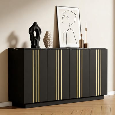 REDOM - Dressoir Met 4 Deuren - Verstelbare Indeling - Modern - Voor Woonkamer Of Hal - Spaanplaat - Zwart Met Goud - 35 X 140 X 70 Cm