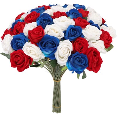 Set van 50 stuks Kunstmatige Roos Rood Blauw Wit Realistisch Rozenboeket voor Tafeldecoratie Herdenking blue