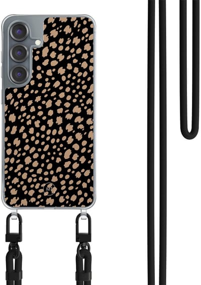 Hoesje met koord geschikt voor Samsung Galaxy S25 - Savannah spots - Inclusief Zwart koord - Crossbody beschermhoes - Transparant, Zwart, Bruin - Mooie Telefoonhoesjes