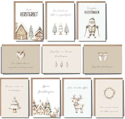 10 Luxe Kerstkaarten met Enveloppen - Wenskaarten Set Kerst - Kerstkaartjes - Nieuwjaarskaarten - Blanco - Beige - A6