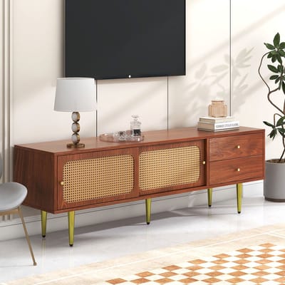 DESMIU Tv Meubel - Met Schuifdeuren En Lades - Voor Woonkamer En Mediaopslag - MDF Met Kunststof Rotan - 160x40x60 Cm - Walnootkleur