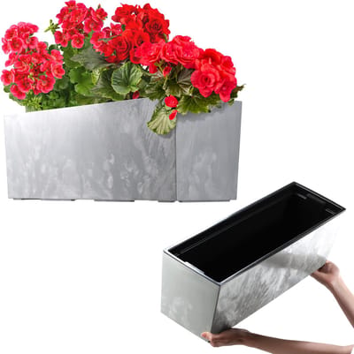 KADAX Bloembak 18,5 x 56 cm, betonpatroon, grijs, met inzetstuk, weerbestendige rechthoekige plantenbak voor balkon en outdoor
