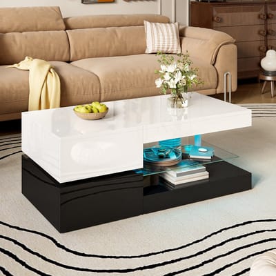 DESMIU Salontafel - Led Verlichting Met App En Bluetooth - Modern Voor Woonkamer En Sfeervolle Avonden - Hoogglans Spaanplaat - 90x45x35,5 Cm - Zwart Wit